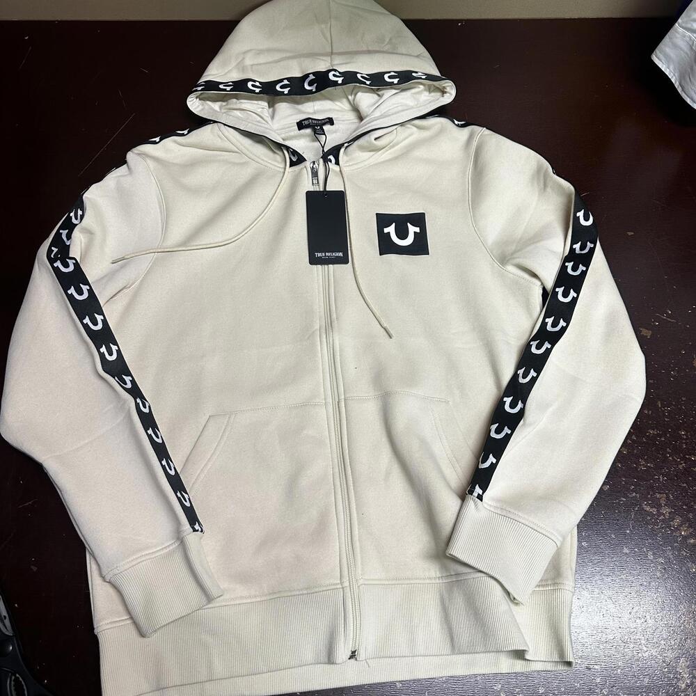 True religion cream colored, pullover hoodie, large